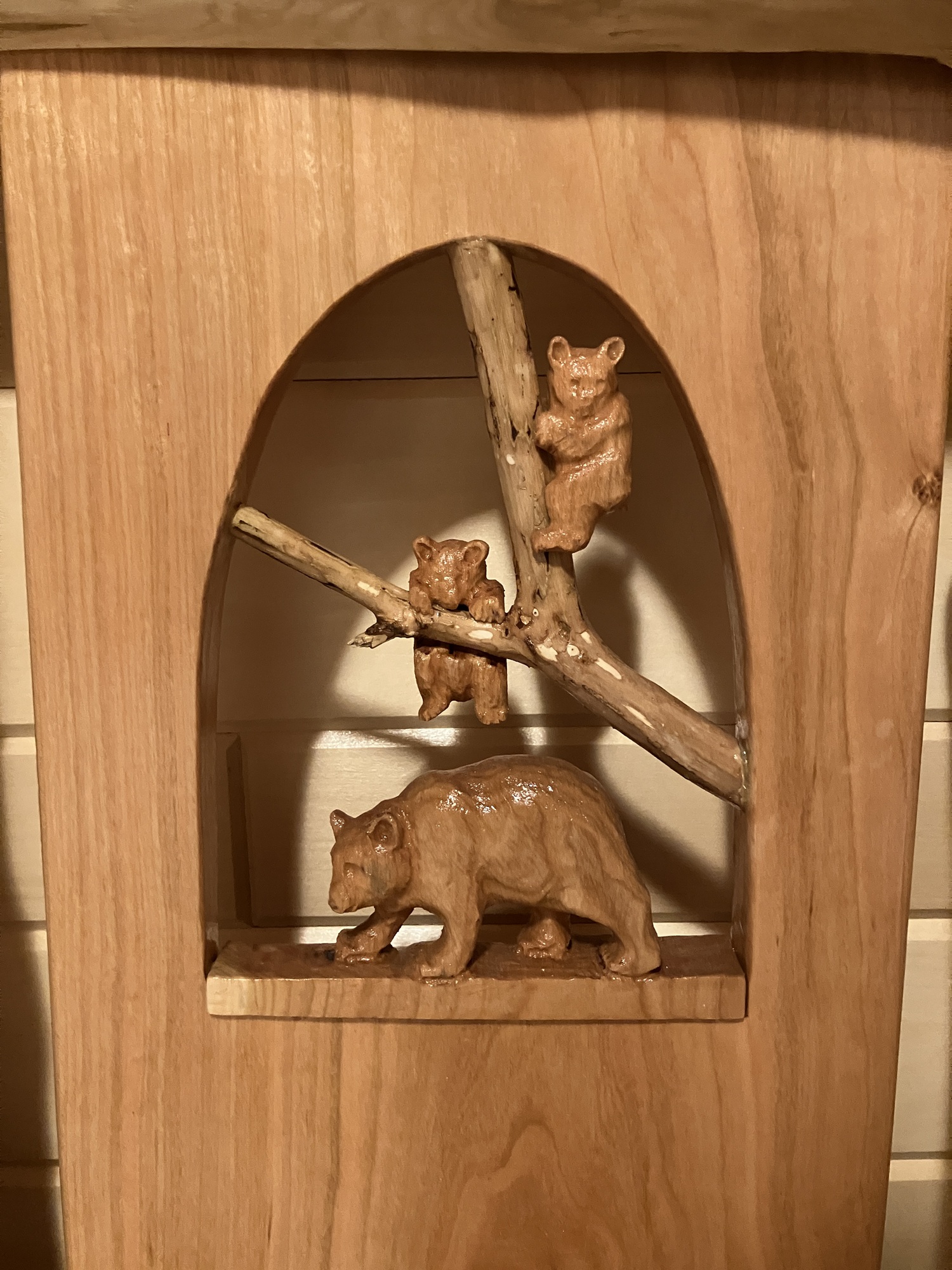 Close-up of mother bear and cubs carving showing detail in climbing tree scene