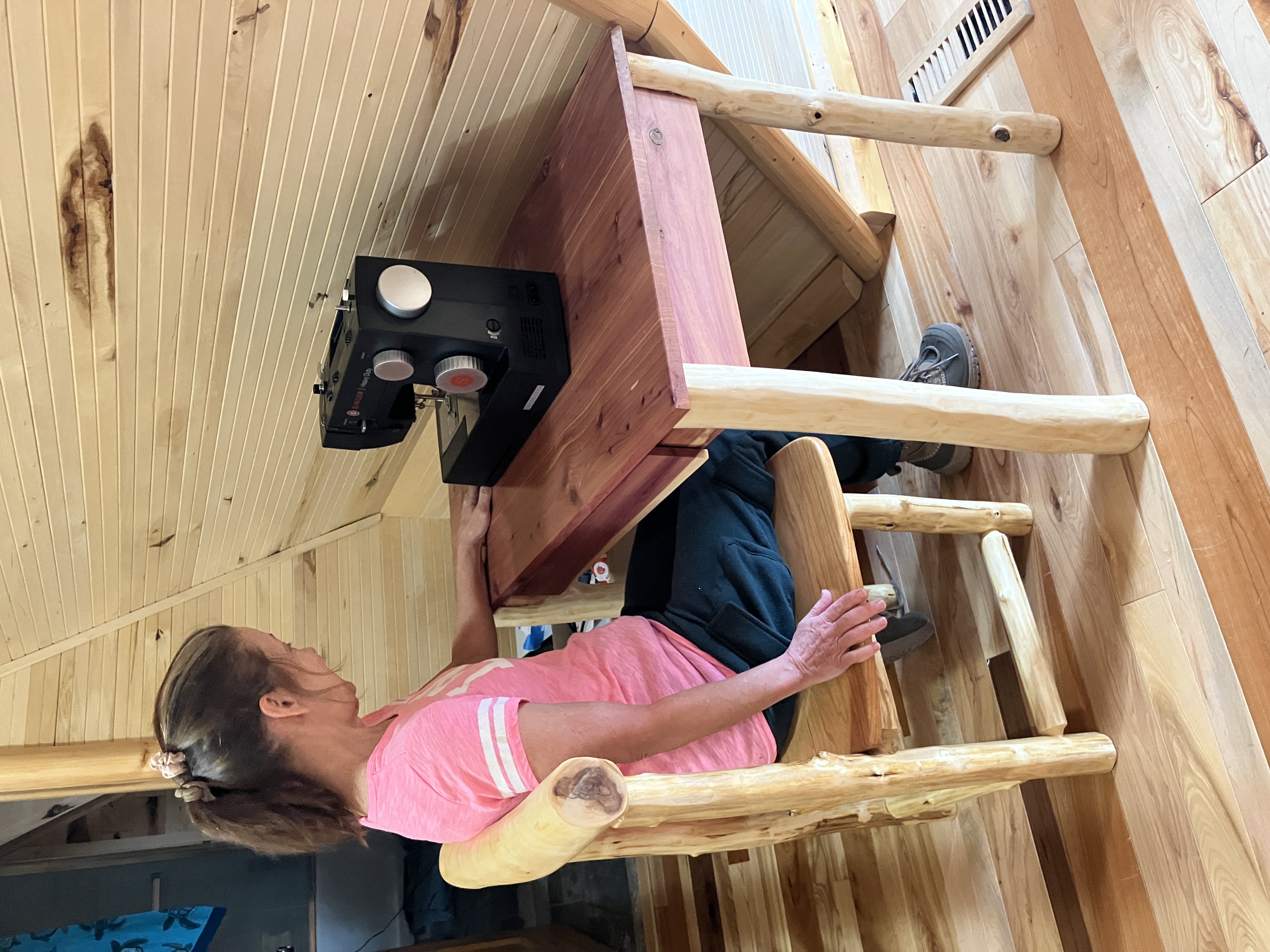 Cedar desk in cabin office setting