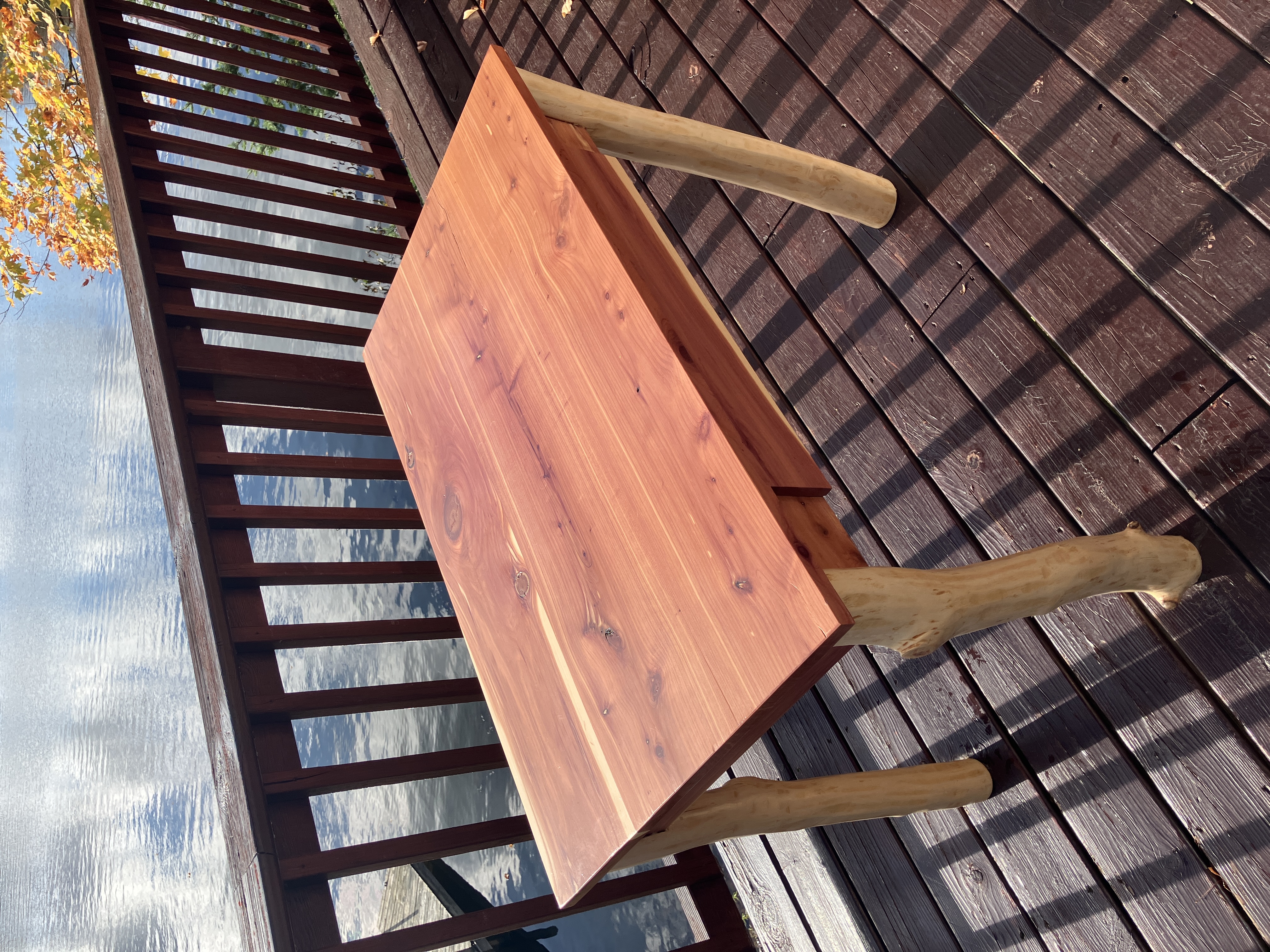 Top view of cedar desk in natural light