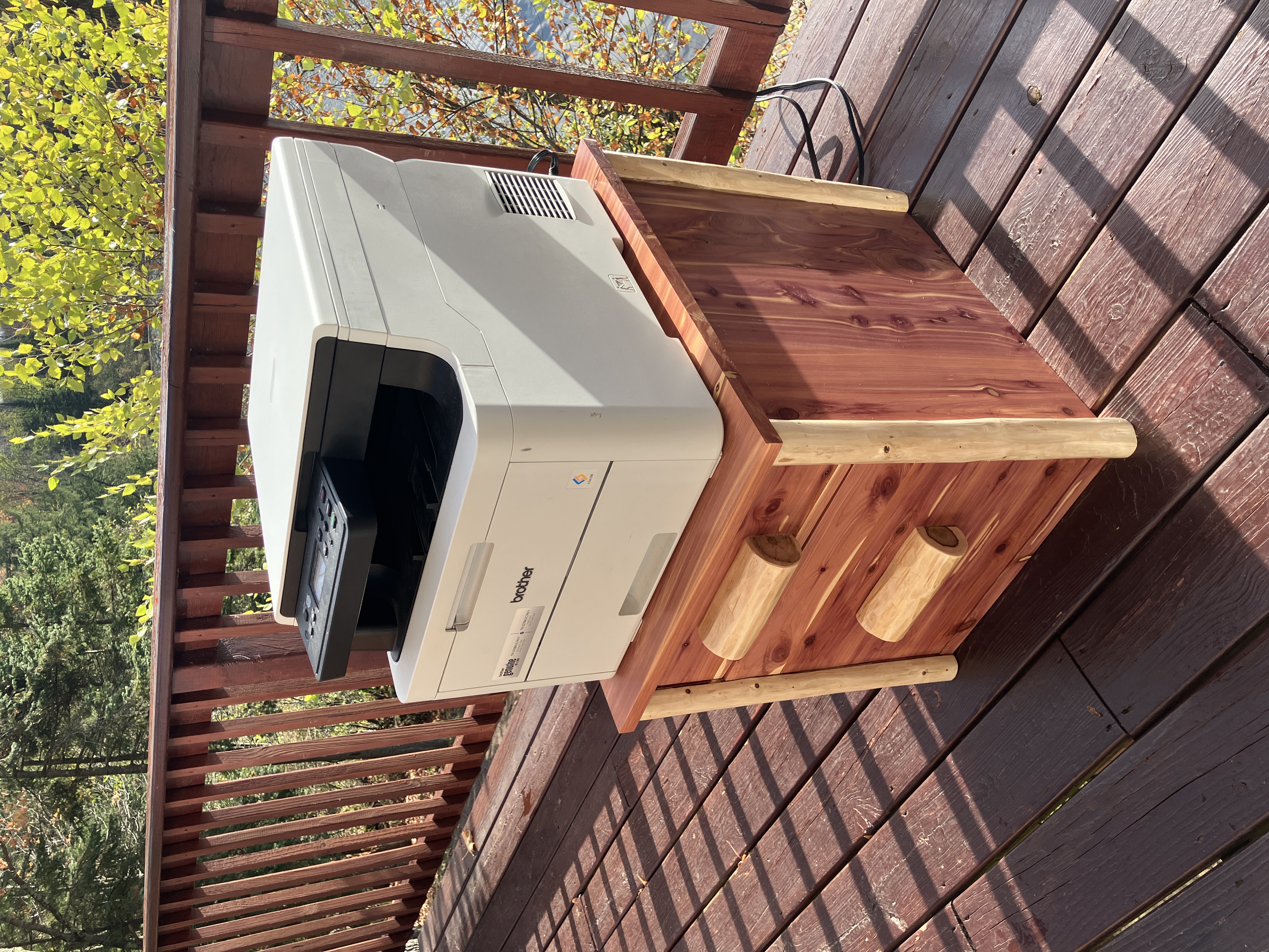 Right side view of printer table cabinet with printer on top