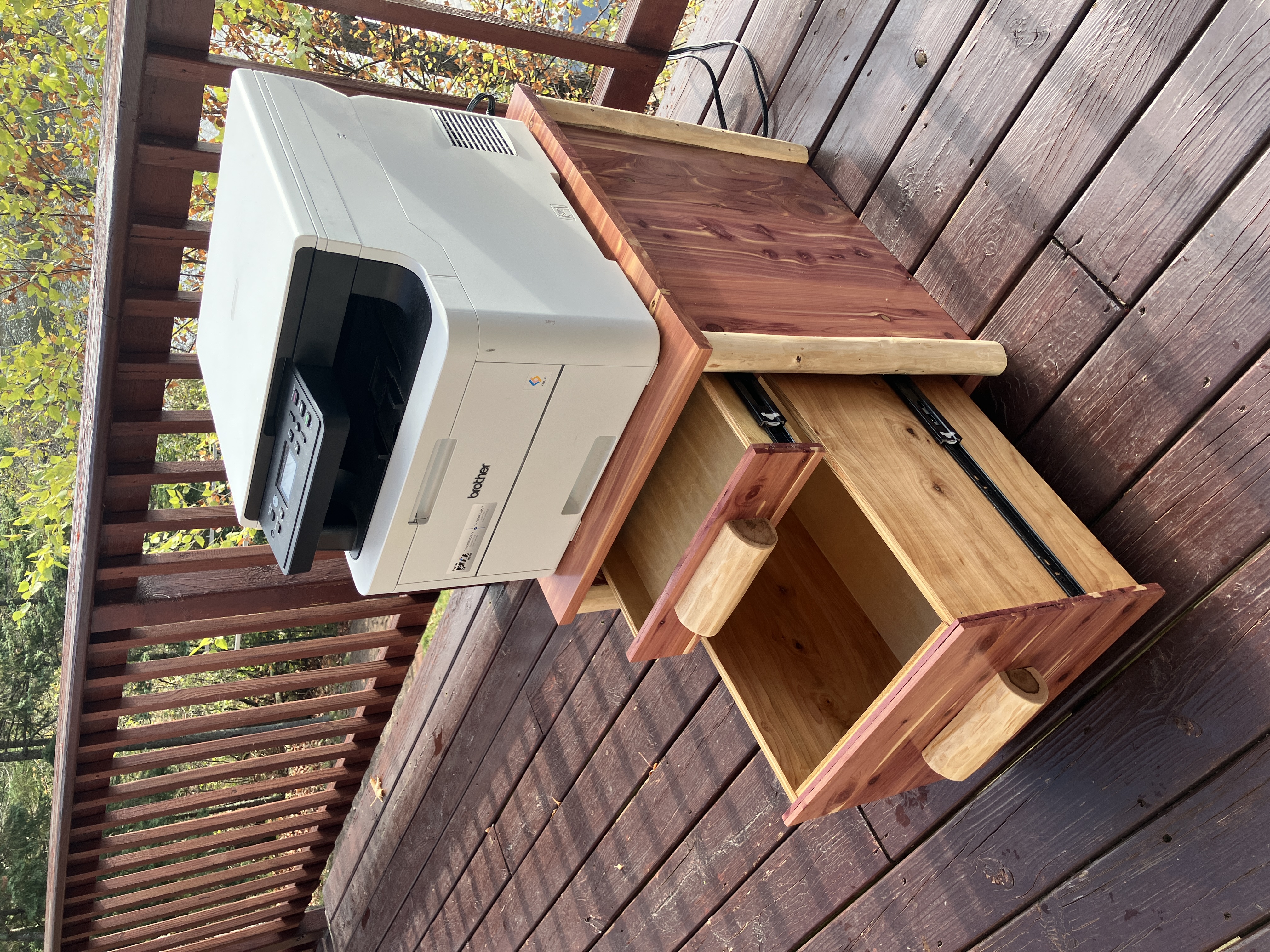 Printer table cabinet with drawers open and printer on top