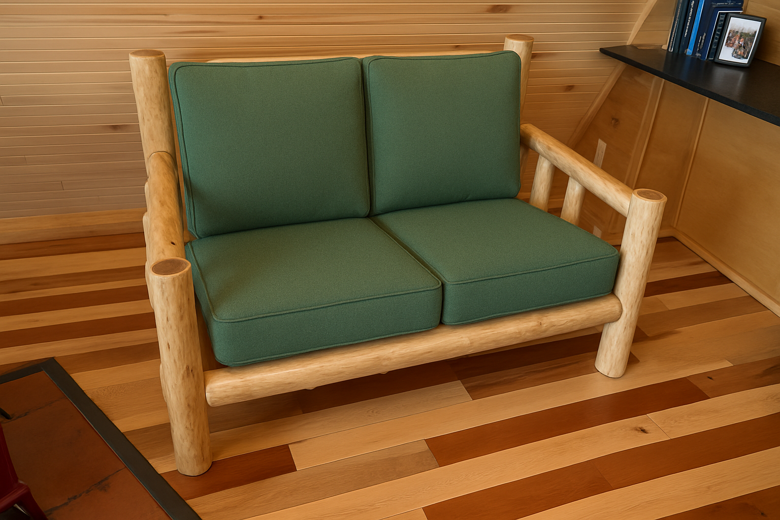Rustic log sofa with forest green cushions