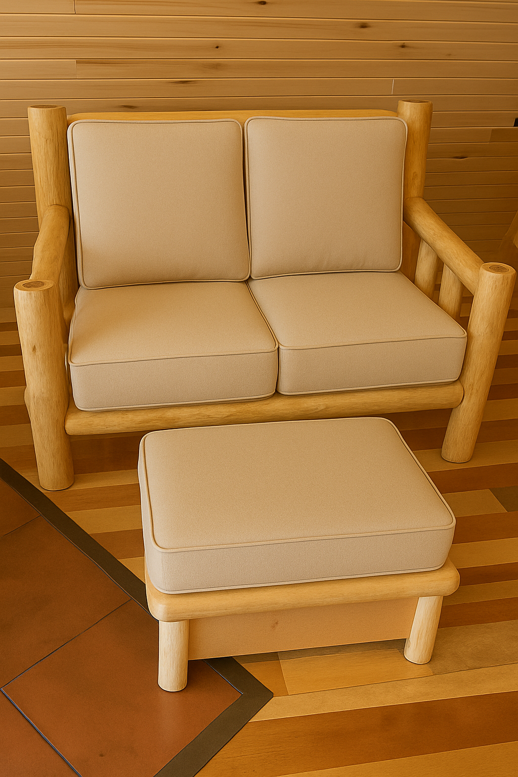 Rustic log sofa and ottoman with beige cushions