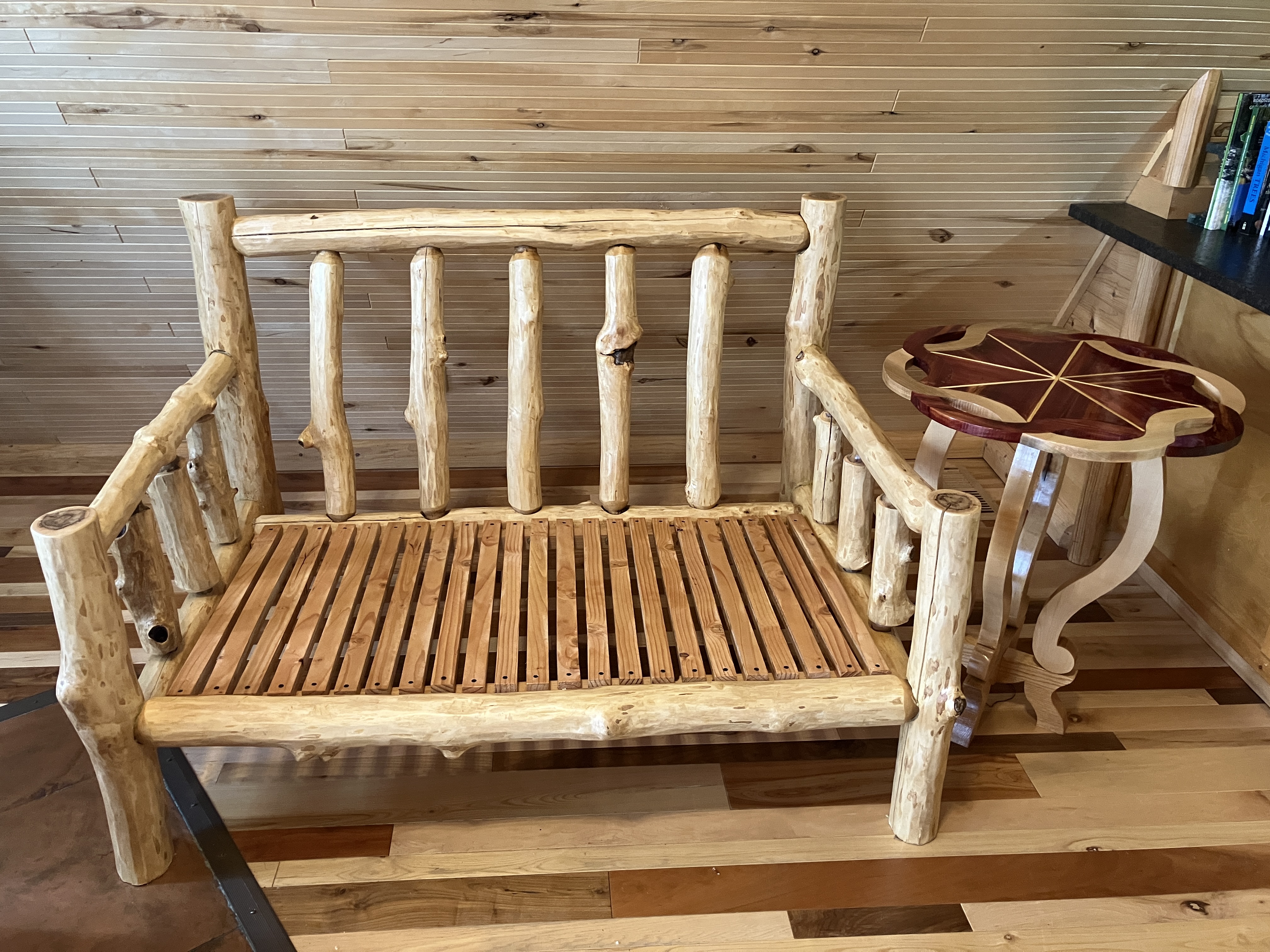 Log sofa paired with decorative side table