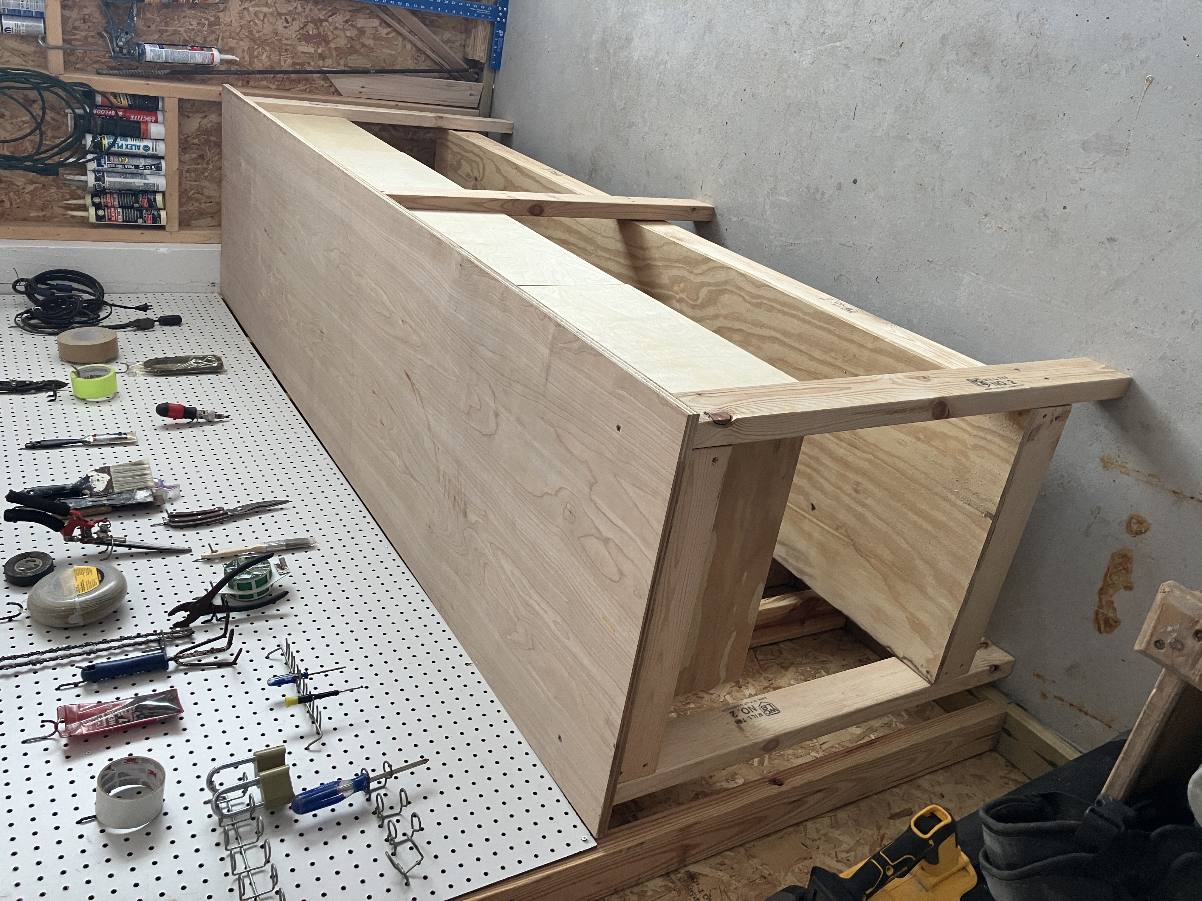 Top surface of workbench with drawers installed in workshop