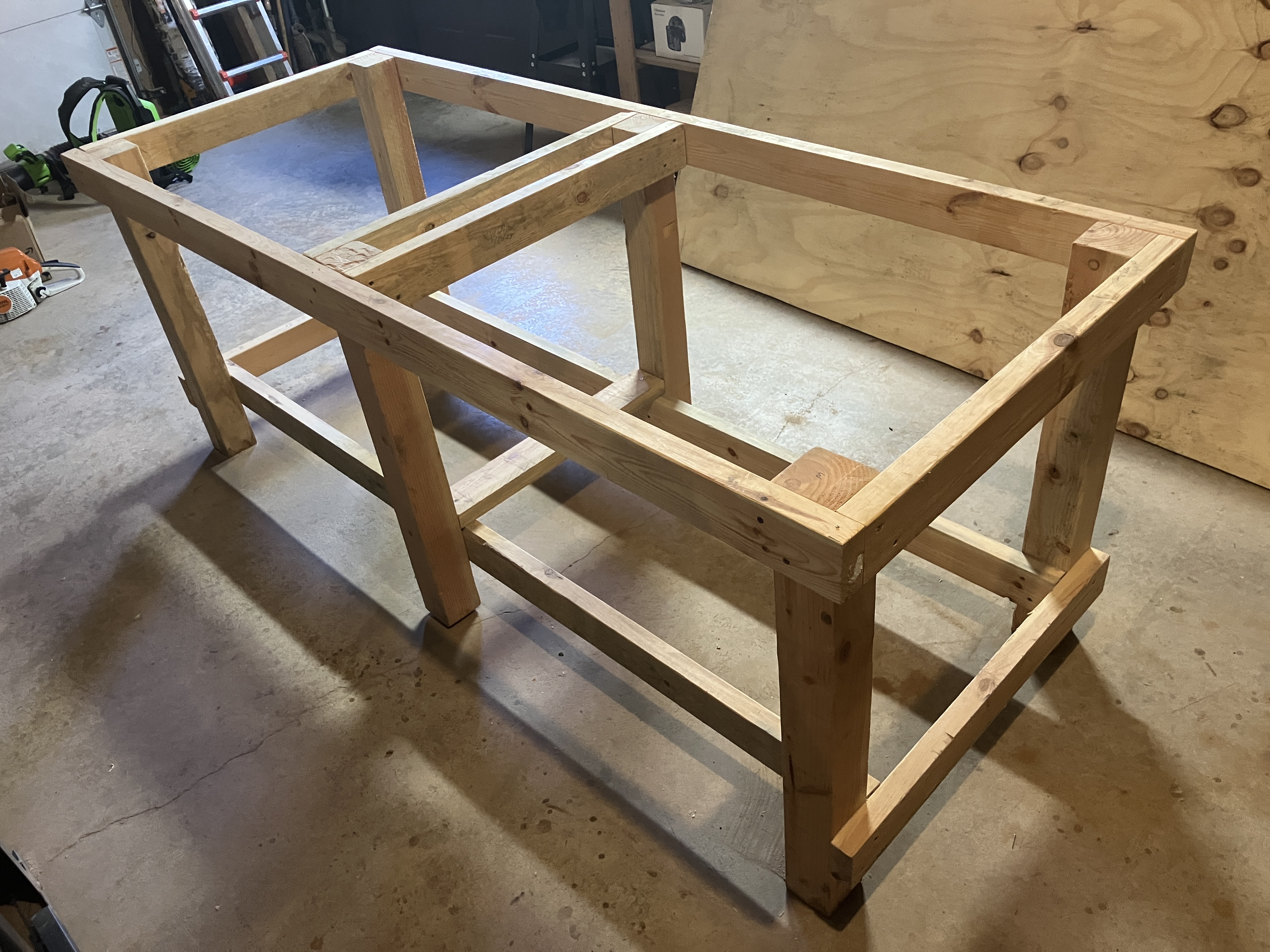 Angled view of workbench table framework