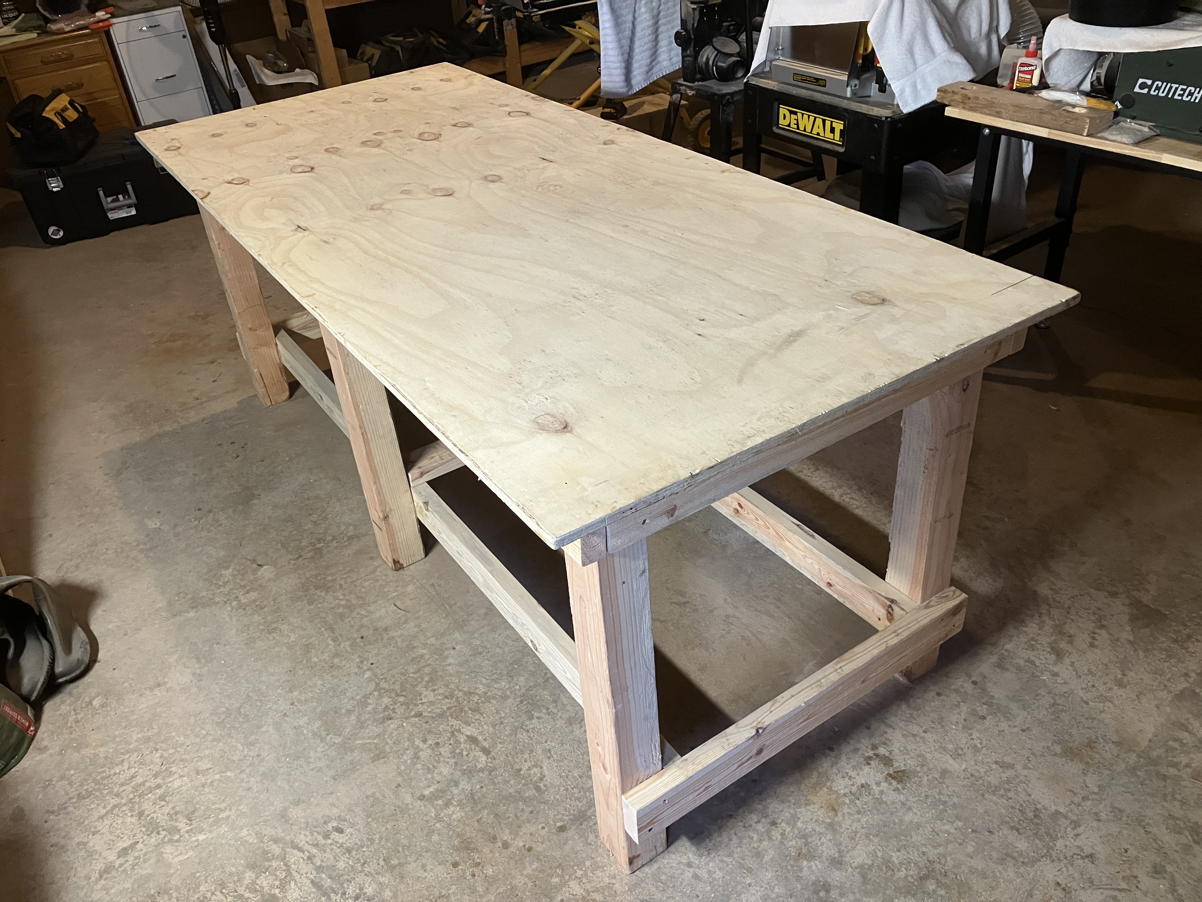Angled view of finished workbench table